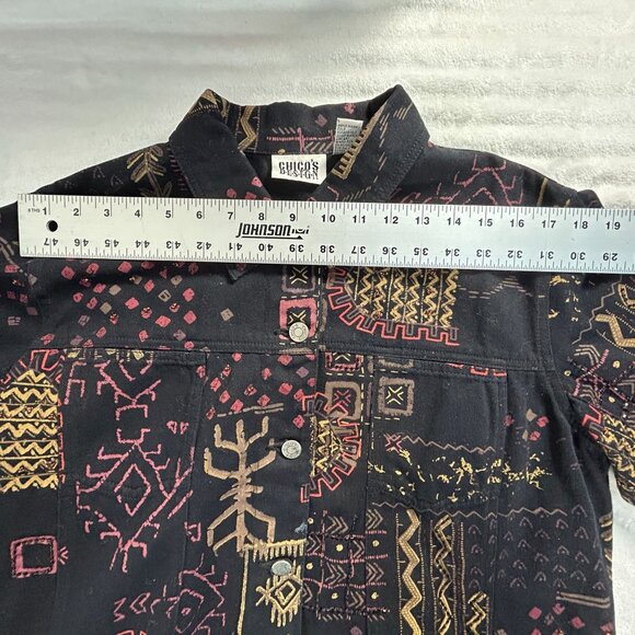 Chico's Design Womens Aztec Print Beaded Jean Jacket Size 2 Black Button Front - Picture 5 of 7